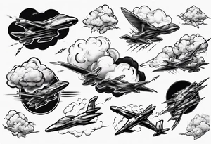 jet fly through big clouds and thunder tattoo idea