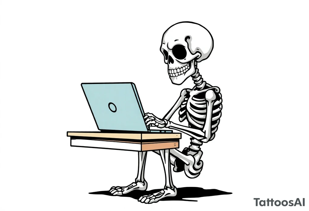 skeleton working at a desk with a laptop tattoo idea