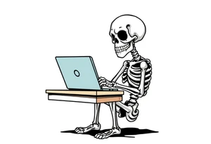 skeleton working at a desk with a laptop tattoo idea