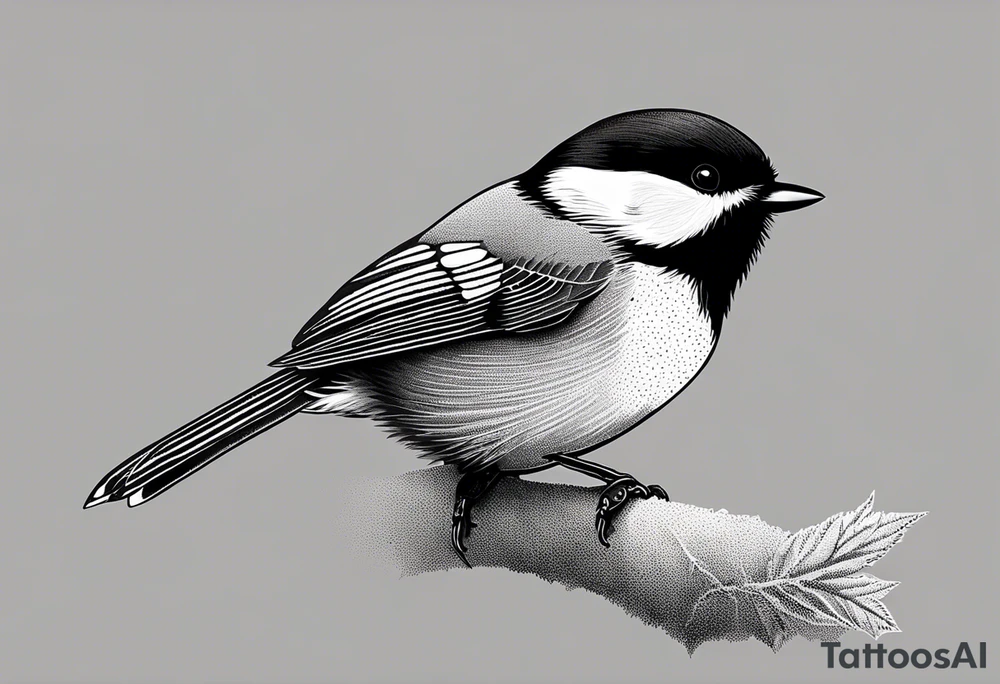 Illustrate a tattoo of a chickadee perched on a twig, focusing on clean lines and minimal detail for an understated design tattoo idea