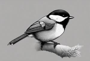 Illustrate a tattoo of a chickadee perched on a twig, focusing on clean lines and minimal detail for an understated design tattoo idea