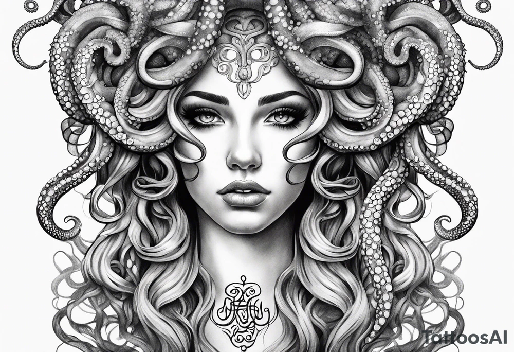 Medusa tattoo with a beautiful face only showing from the nose up. Octopus tentacles for hair tattoo idea