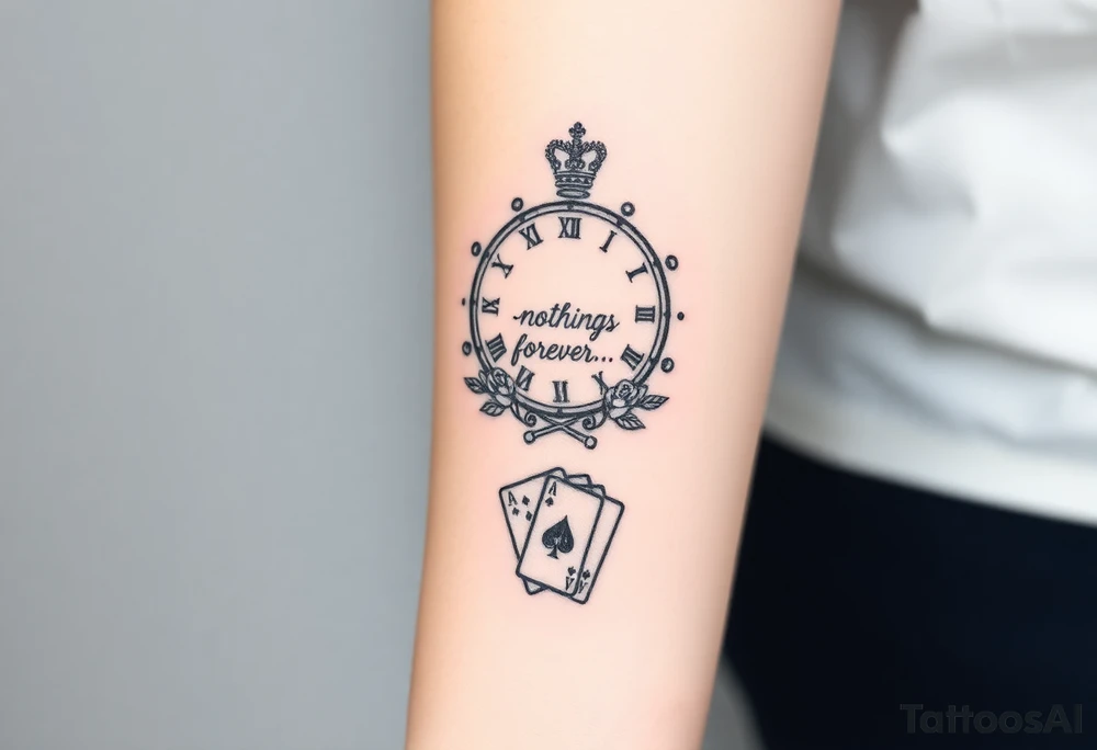 Roman clock with roses and a crown,  a quote that says nothings forever. and on the bottom a deck of cards tattoo idea