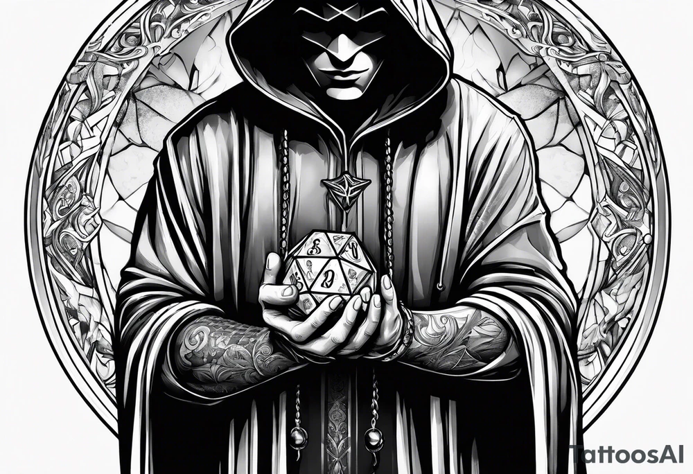 hooded figure holding a d20 tattoo idea