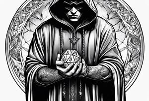 hooded figure holding a d20 tattoo idea