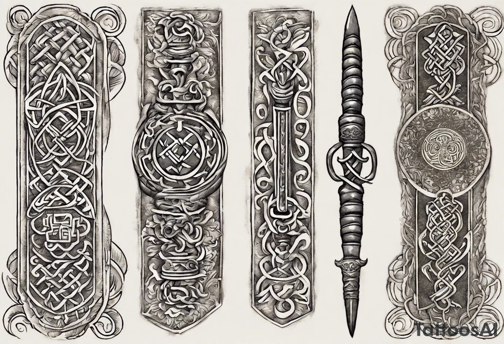 On the left peck I want the Hindu symbol Kirtimukha and then one of its fangs goes in a curvy way down my left shoulder to the inside of my bicep. The inside of the bicep has a dagger and the handle of the dagger is the Buddhist symbol "Endless Knot". The "Endless Knot" and the Kirtimukha are connected by Kirtimukhas fang tattoo idea