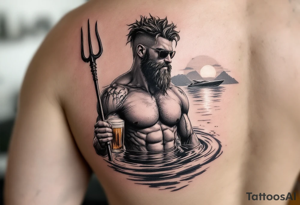 young, happy, fit, short hair, poseidon in calm water, holding a trident, drinking a beer, with sunset, with ski boat, with sunglasses tattoo idea