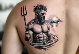 young, happy, fit, short hair, poseidon in calm water, holding a trident, drinking a beer, with sunset, with ski boat, with sunglasses tattoo idea