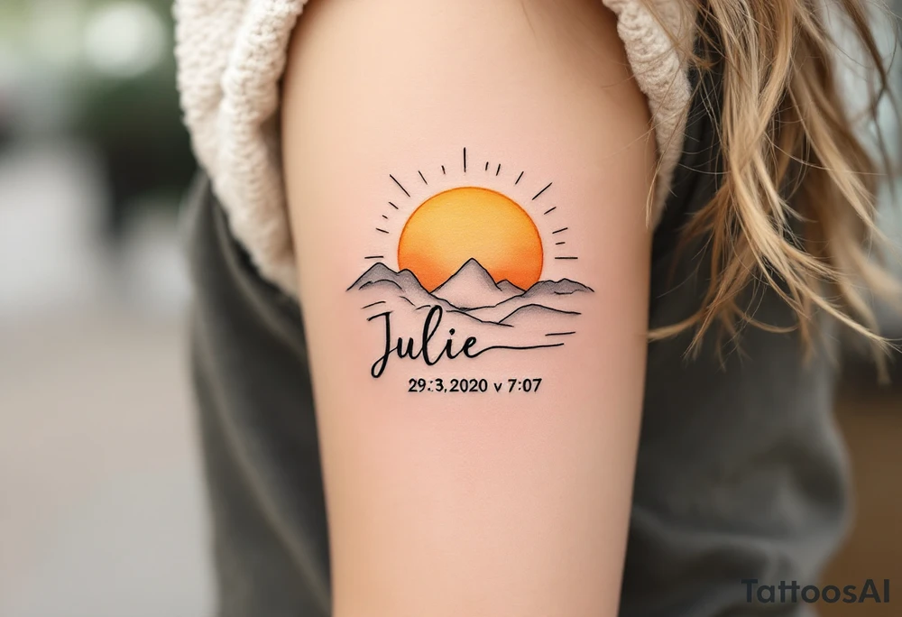Minimalist sun rising above the name "Julie – 29.3.2020 v 7:07", done in golden ochre and terracotta tones. tattoo idea