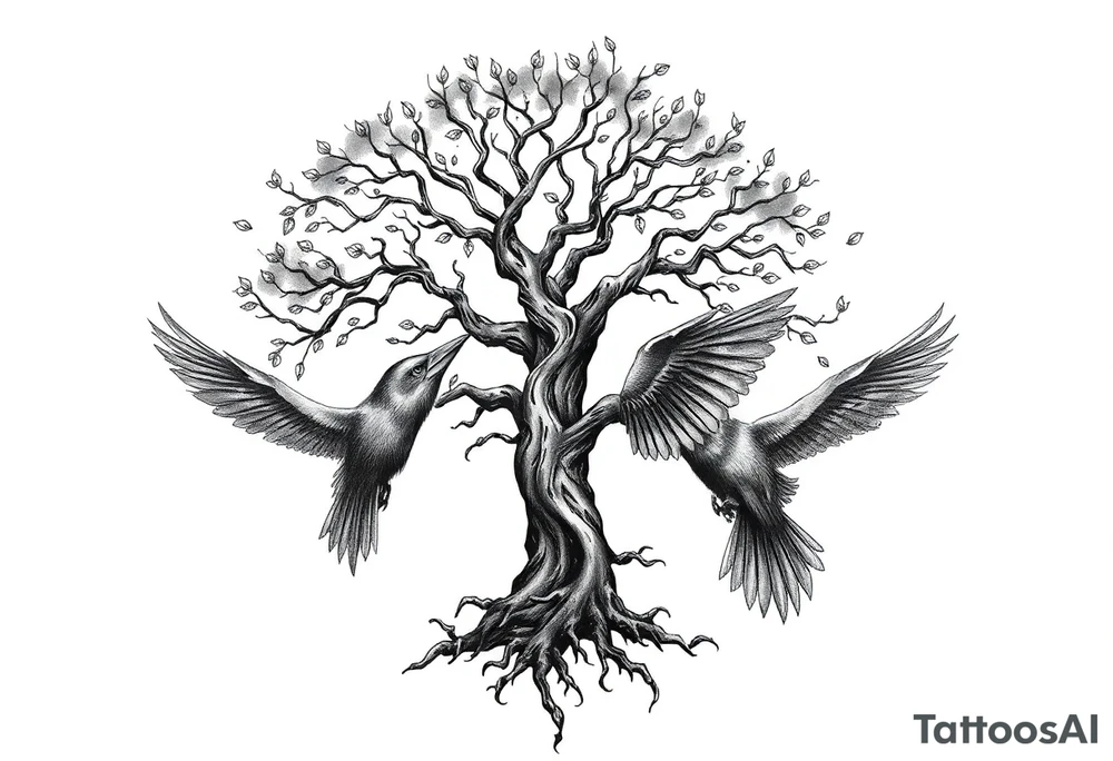 Irish shoulder tattoo, that is non-religious and has a Celtic tree and tribal ravens tattoo idea