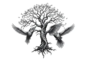 Irish shoulder tattoo, that is non-religious and has a Celtic tree and tribal ravens tattoo idea