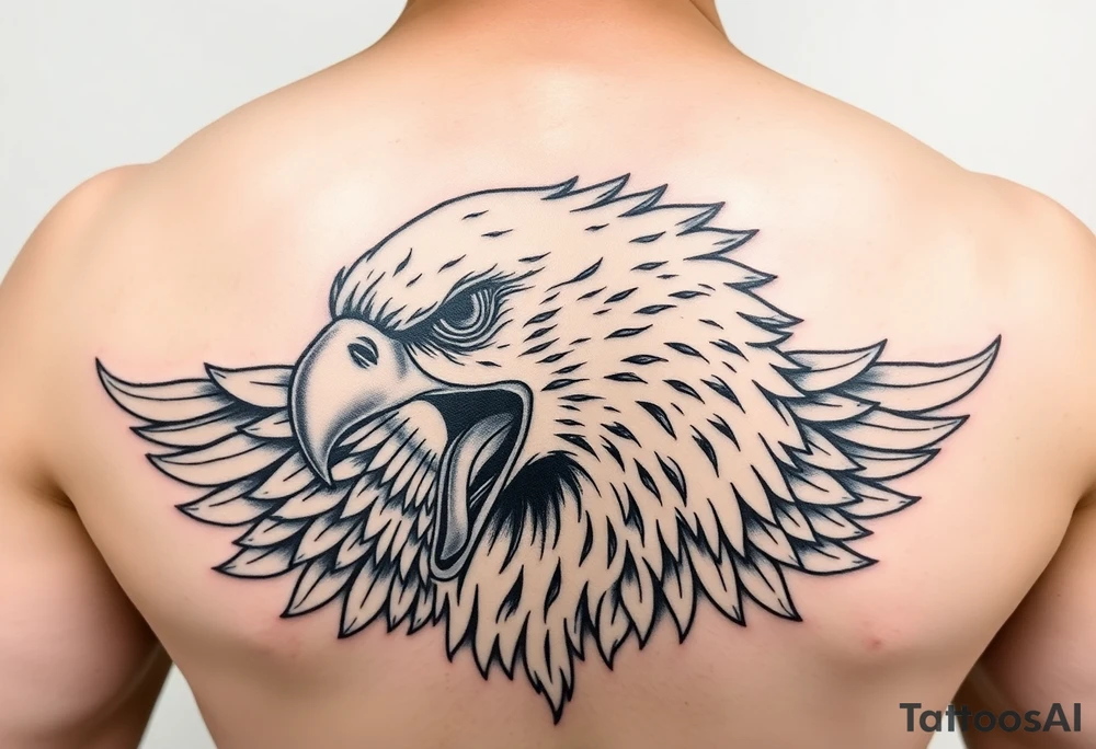 Give me a Neo traditional tattoo of a bald Eagle. Mouth open with tongue sticking out. tattoo idea