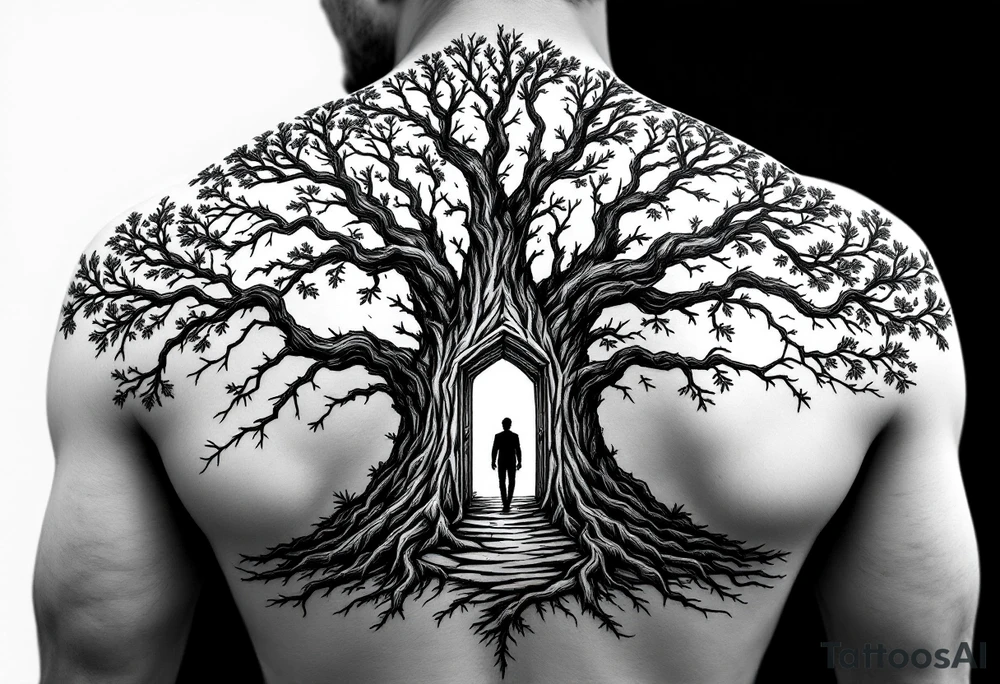 Back tattoo of a big tree with a door and a man walking through the door tattoo idea