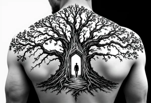 Back tattoo of a big tree with a door and a man walking through the door tattoo idea