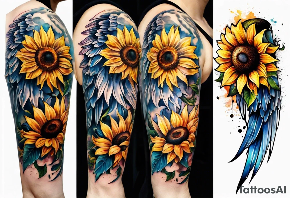 Sunflowers and angel wings leg sleeve tattoo idea
