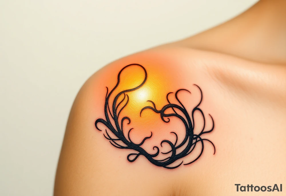 A soft golden light contrasting with shadowy black tendrils emerging from the other hand, representing a battle between inner purity and external corruption. The light is depicted in radiant yellows, while the dark side uses deep blues and blacks. tattoo idea
