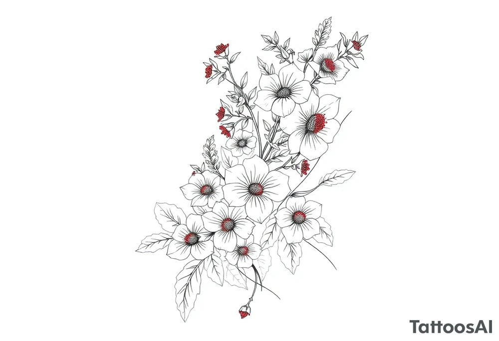 Full sleeve tattoo design of larkspur and hawthorn flowers, highly detailed line art, RED ink, elegant botanical style, intertwined composition, no shading, no human mock-up, clean stencil style suitable for tattooing, fit fully within boundaries. LINE ART ONLY, REMOVE HUMAN, NO SKIN, NO ARM, NO HUMAN BODY PARTS tattoo idea