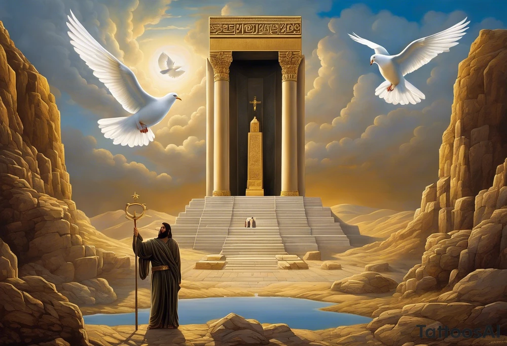A surreal tattoo and dramatic scene featuring two figures: Cyrus the Great and Jesus Christ, standing side by side. The tomb of Cyrus the Great is in the background, partially visible, symbolizing history and legacy. A white dove is flying gracefully above or near them, symbolizing peace. The image is integrated seamlessly to create a powerful and unified visual representation. The composition should evoke a sense of reverence, unity, and tranquility. tattoo idea