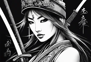 samuri with katana on top of a japanese beauty female tattoo idea