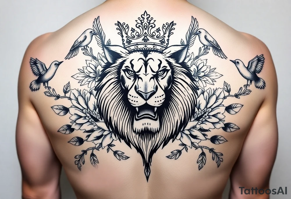 powerful majestic lion with a crown, surrounded by floral ornaments and birds tattoo idea