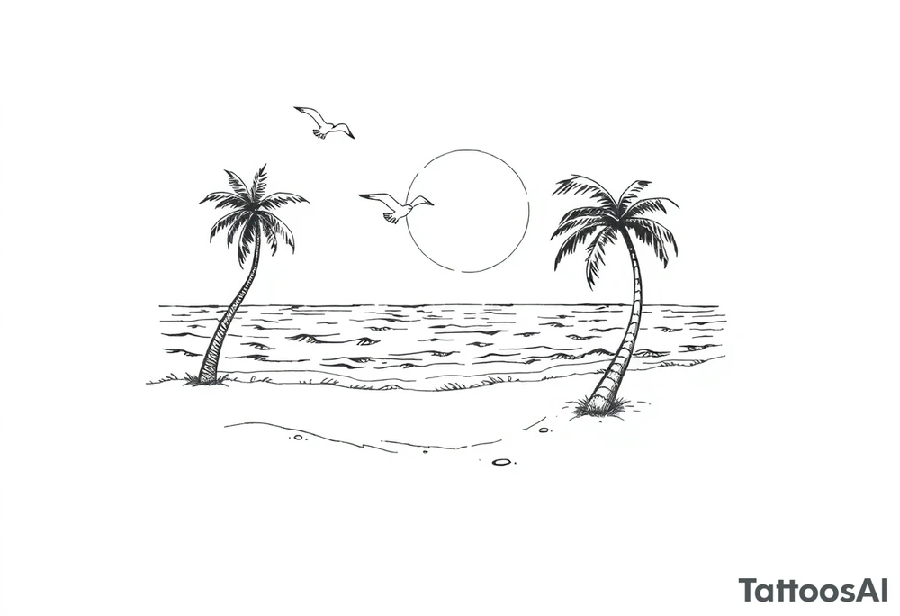 happy, peaceful, serene, timeless, ocean, sand, palm tree, seagulls, sun tattoo idea