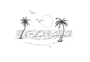 happy, peaceful, serene, timeless, ocean, sand, palm tree, seagulls, sun tattoo idea