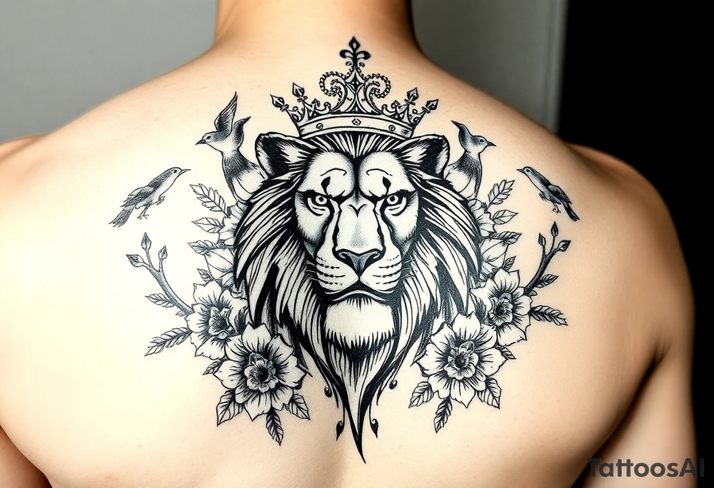 powerful majestic lion with a crown, surrounded by floral ornaments and birds tattoo idea