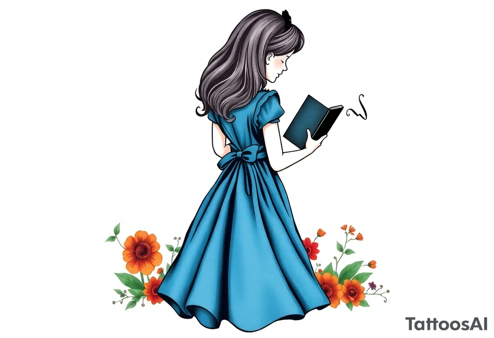 Alice (from Alice in wonderland) silhouette wearing a blue dress. Perspective from the back. She is caring a book, entering a garden with flowers and an orange tree tattoo idea