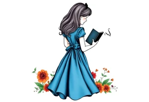 Alice (from Alice in wonderland) silhouette wearing a blue dress. Perspective from the back. She is caring a book, entering a garden with flowers and an orange tree tattoo idea