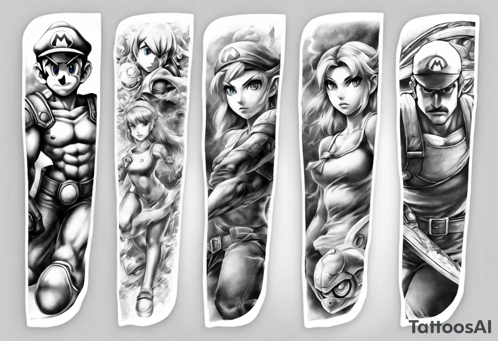 Arm sleeve with Mario, Samus Aran and Link in a realistic anime style tattoo idea