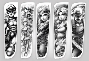 Arm sleeve with Mario, Samus Aran and Link in a realistic anime style tattoo idea