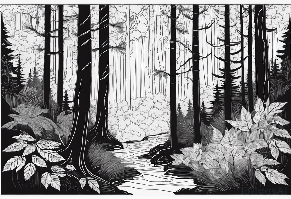 Draw me a Magical forest with s lot of trees in 2D and every tree is black and you see every treetop tattoo idea