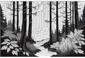 Draw me a Magical forest with s lot of trees in 2D and every tree is black and you see every treetop tattoo idea