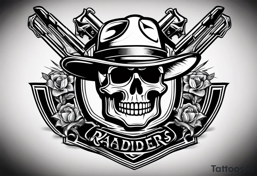 Raiders emblem with gangster drawings inside around words tattoo idea