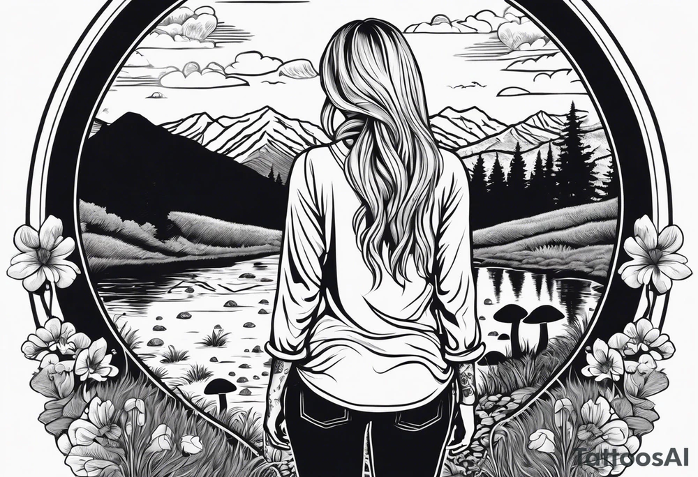Whole picture encircled fully

Straight long blonde hair hippie girl in distance holding mushrooms in hand facing away toward mountains and creek surrounded by mushrooms long sleeve shirt and hiking pants; whole rendering within a full circle, no cut off circle tattoo idea
