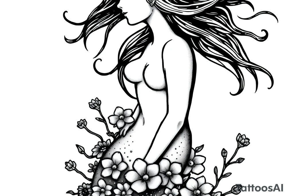 ethereal mermaid with flowing hair among coral and sea flowers tattoo idea