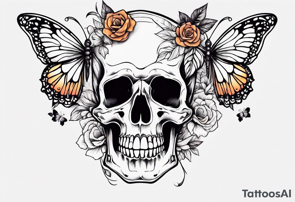 skeleton with body and flowers around it vintage sketch pretty and butterflies tattoo idea