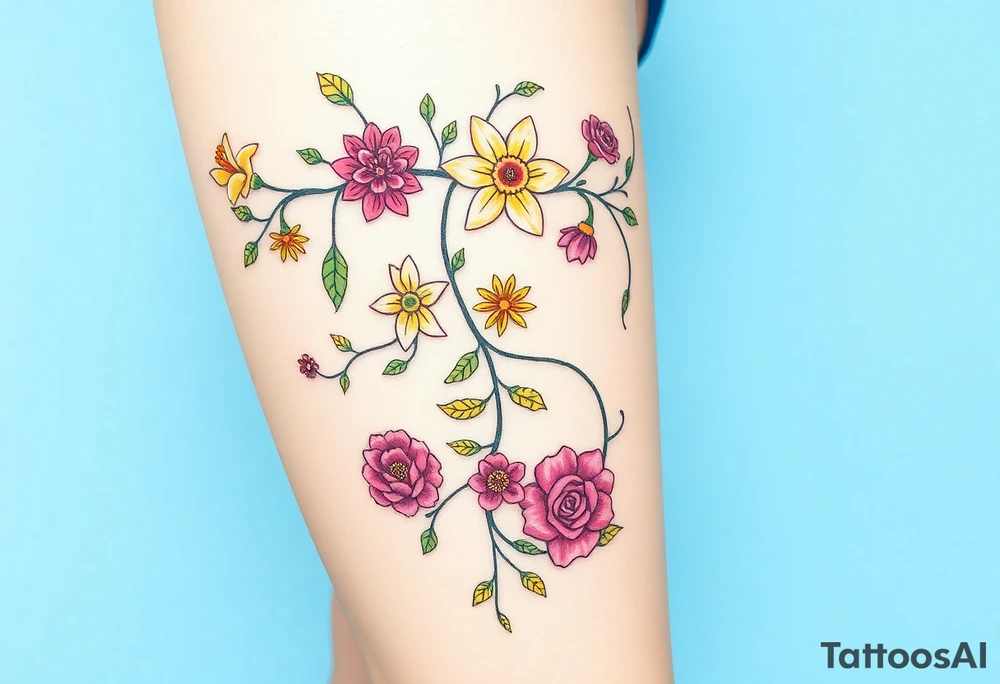 Vine with alternating flowers daffodil,
Lily, chrysanthemum, rose, aster, narcissus tattoo idea