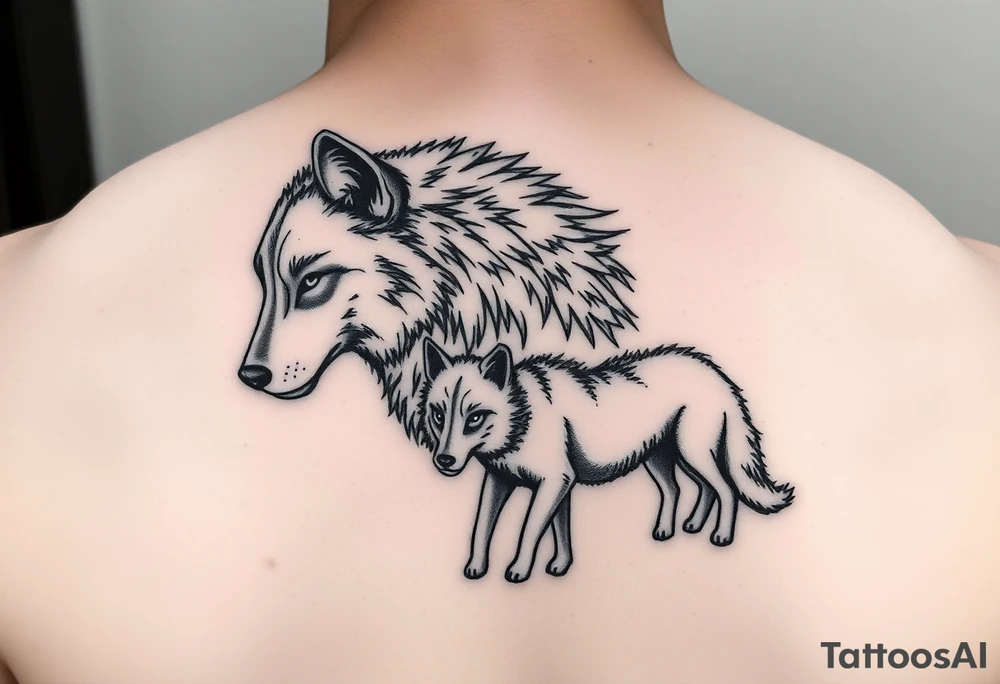 A solitary yet sublime and noble wolf and its progeny. tattoo idea