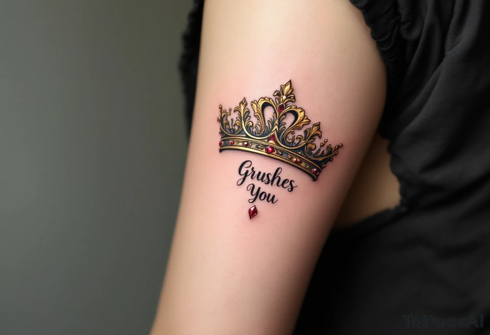 Baroque-style crown designs with gold and ruby detailing, sitting atop script names. tattoo idea