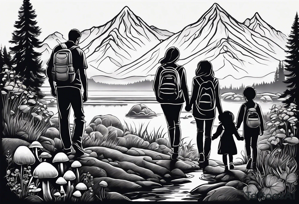 Family silhouette of a father, a mother, oldest son, middle daughter, and small daughter foraging mushrooms with mountains and creek in background tattoo idea