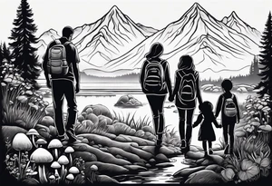 Family silhouette of a father, a mother, oldest son, middle daughter, and small daughter foraging mushrooms with mountains and creek in background tattoo idea