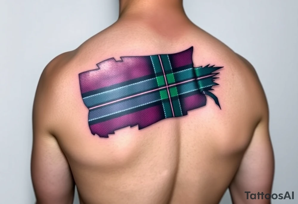 Dark Purple with green pink blue and white highlights tartan fabric with skin around edges peeling and wrapping around side of shoulder tattoo idea