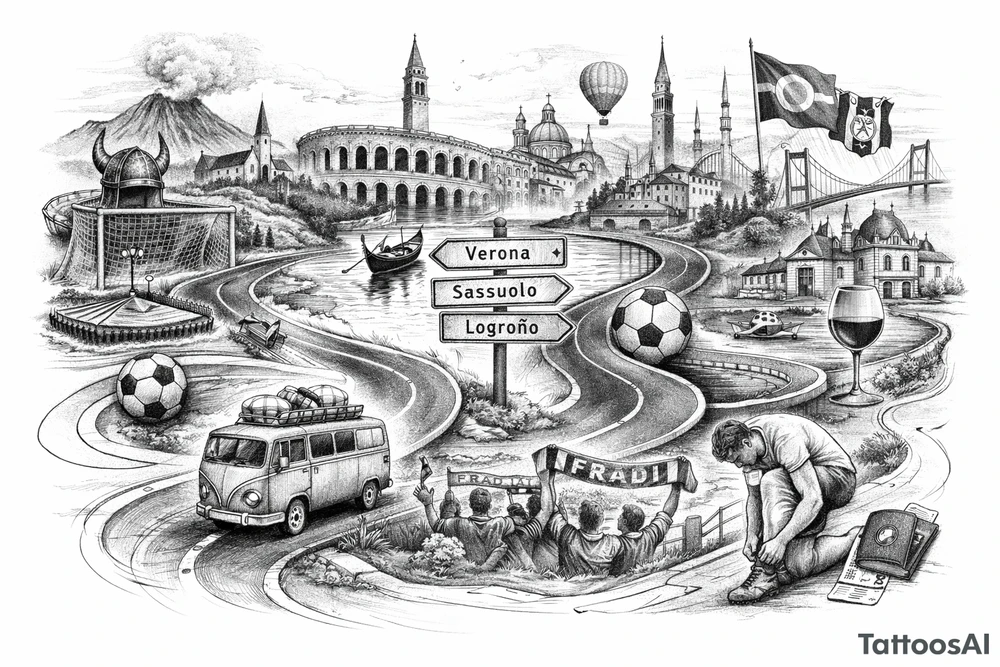 Iceland x3 (sindri, ibv, stjarnan) Italy x2 (Verona, Sassuolo) Spain (Logrono) Turkey x2 (Fenerbahce, Besiktas) Hungary (Fradi) France (Bordeaux) Something to do with football journey, Fine line surreal style want it to be unique and different so no badges tattoo idea