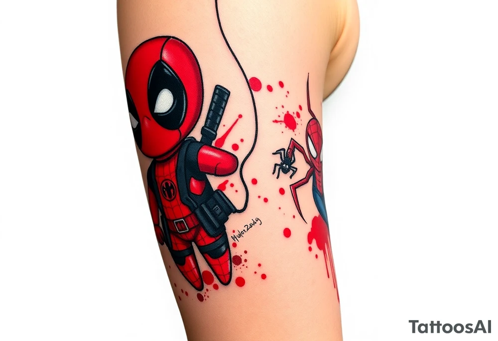Project: Upper Arm Half-Sleeve Tattoo (Chibi Marvel Duo)
Placement: Upper Arm (Shoulder cap down to just above the elbow)
Reference Images: Chibi Deadpool (Image 1) and Chibi Spider-Man (Image 2)
Design Request & Layout:
* Please stack the characters dynamically to fit my upper arm. I'd like Deadpool positioned near the top/shoulder cap, and Spider-Man sitting near the bottom/above the elbow.
* Use the dangling spider and its web thread, along with loose, energetic construction lines, to transition between the two characters and wrap the design around the arm.
Art & Color Style:
* Linework: Please harmonize both characters into a singular, unified style—blending Deadpool's clean comic ink lines with Spider-Man's raw, cross-hatched sketchbook aesthetic.
* Color: The base of the tattoo should be gritty black-and-grey sketch shading. However, I want vibrant pops of red on their suits.
* The Splatter Effect: Instead of keeping the red cleanly inside the lines, please style the red color as a loose, dynamic watercolor/ink splatter effect that bursts out past their outlines and fades into the negative skin space. tattoo idea