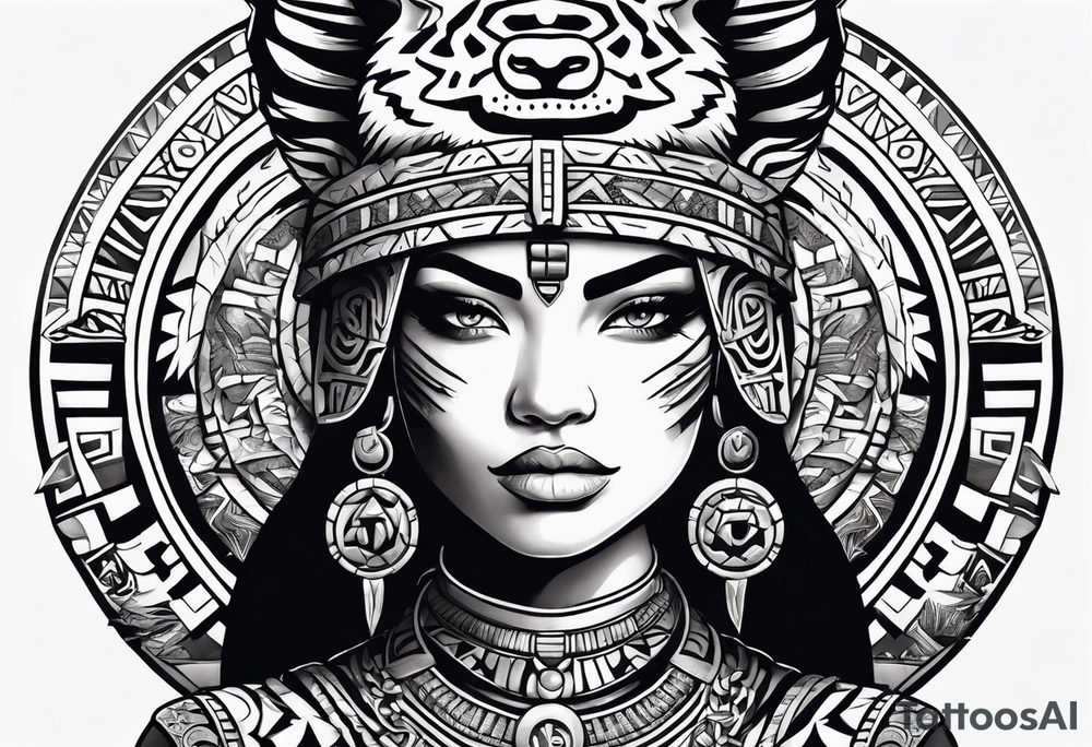 Aztec female warrior with aztec symbols in the background with a tiger tattoo idea