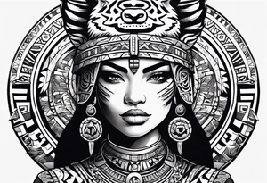 Aztec female warrior with aztec symbols in the background with a tiger tattoo idea