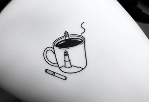 A mug of coffee
 with a picture of a 
 lighthouse on the the mug and a cigarette laying next to it tattoo idea