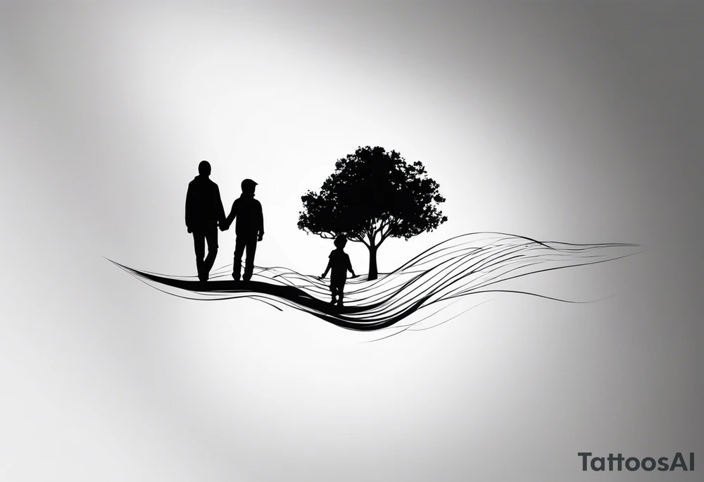 A tree, underneath the tree place a man and a boy holding hands walking into distance, place on forearm tattoo idea