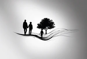 A tree, underneath the tree place a man and a boy holding hands walking into distance, place on forearm tattoo idea